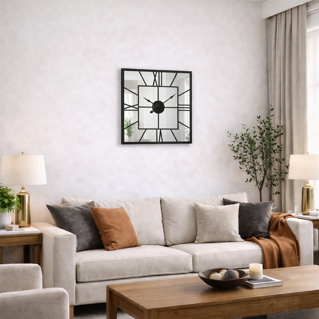 Grande Horloge Murale Miroir Carrée Design Moderne
