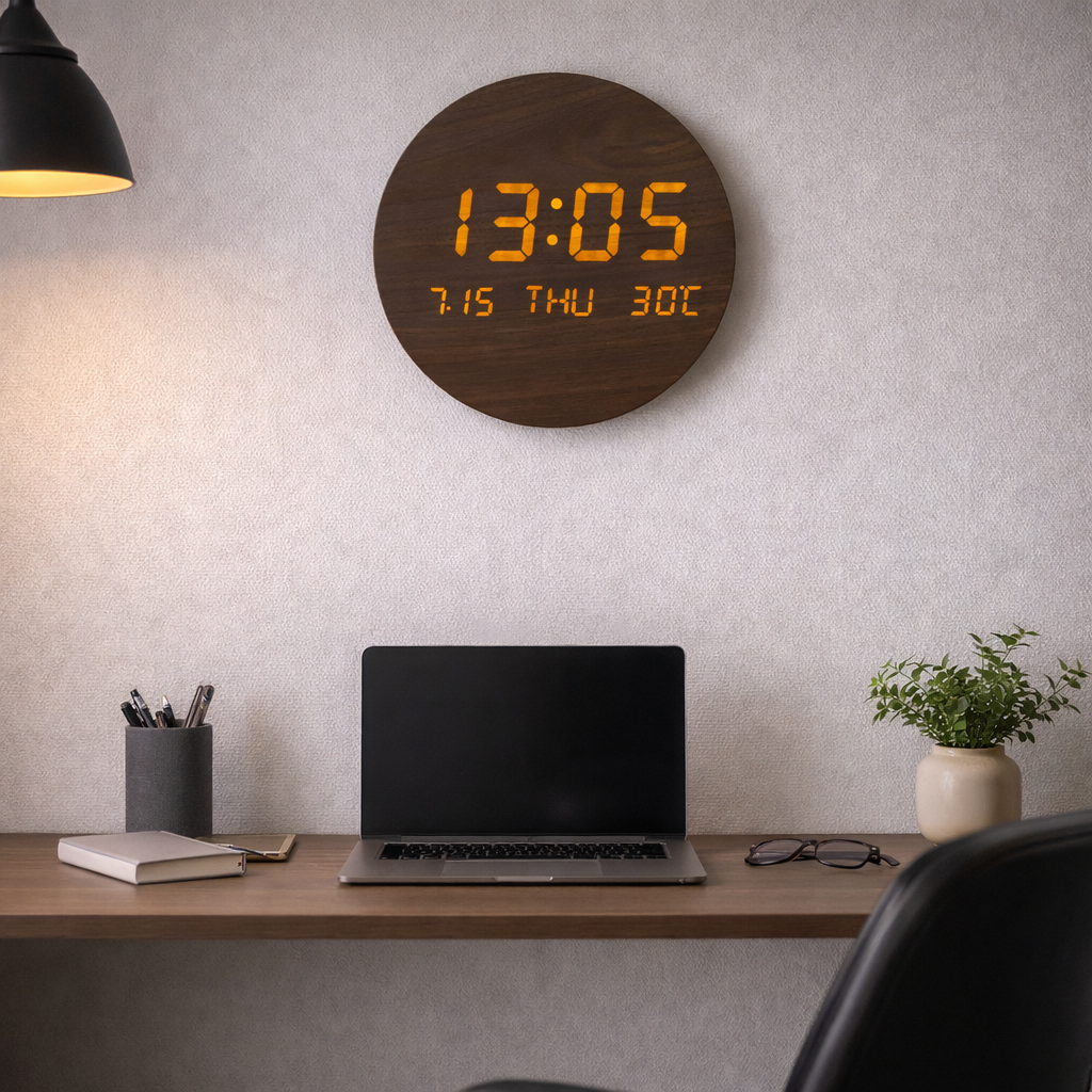 Horloge Murale digitale LED en Bois – Design Minimaliste